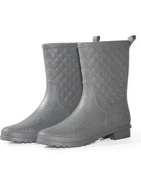 Women's Grey Lightweight Fashion Waterproof Mid Calf Comfortable Cute Rain Boot